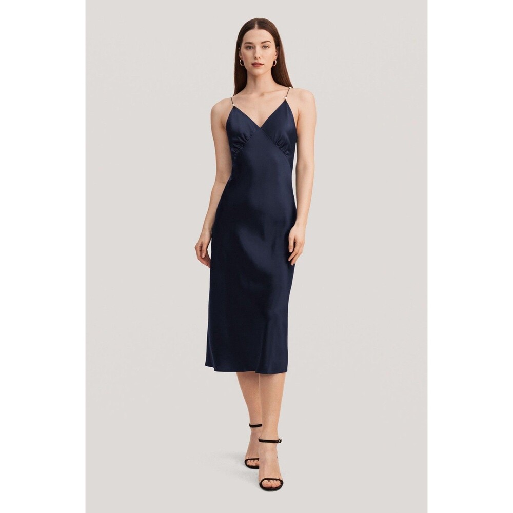 LILYSILK Elegant Navy Blue V Neck Silk Dress Pearl Detail Size 12 Midi Luxury
